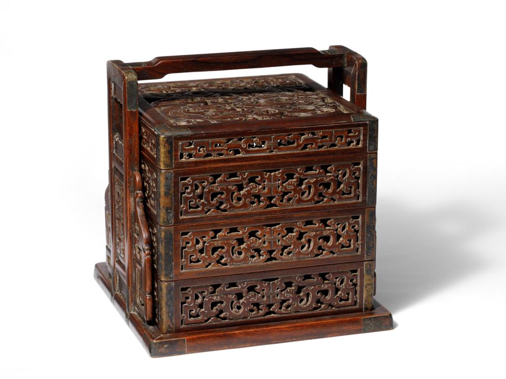 ▽鴻▽ 紫檀木製 細密彫 滿金星 雙龍戲珠紋 首飾盒 置物 古賞物 中国古玩 中国古美術
