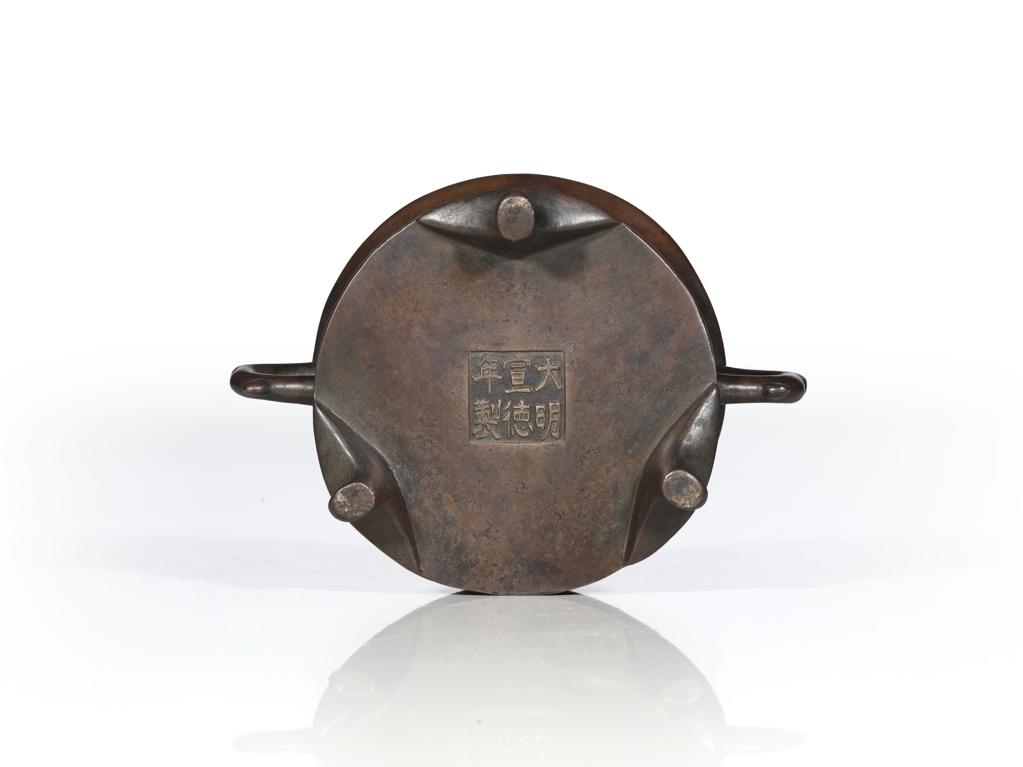 3c5-107中国古玩 唐物 古銅 大明宣徳年製 款 双耳 花瓶 時代物　銘あり