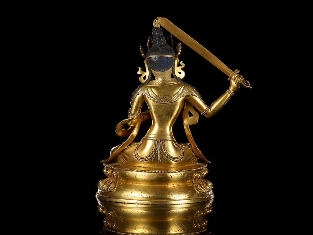 仏像 金色 ◇ 時代 仏教美術 チベット 金銅仏 文殊菩薩坐像重さ約2170g 
