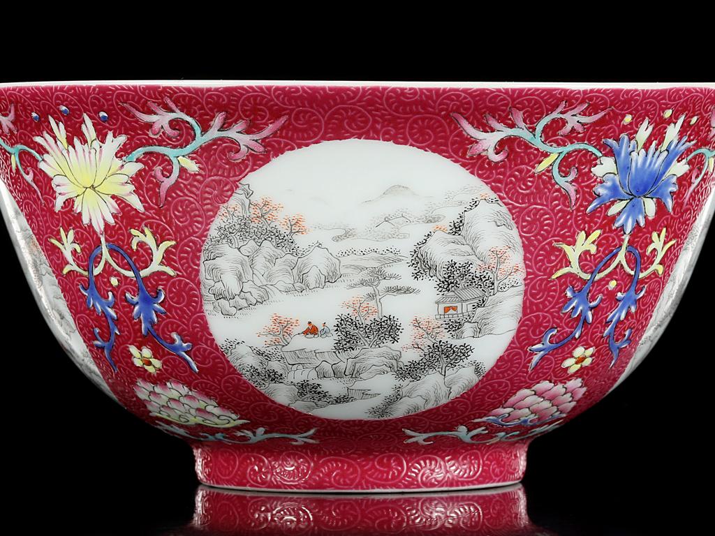 直送商品 ☆清代 蒜頭瓶☆直径13cm、高さ28.5cm 煙脂紅釉山水人家風景