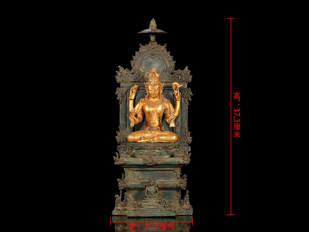 中爪哇时期铜鎏金四臂金刚手菩萨坐像 - 靓宝格